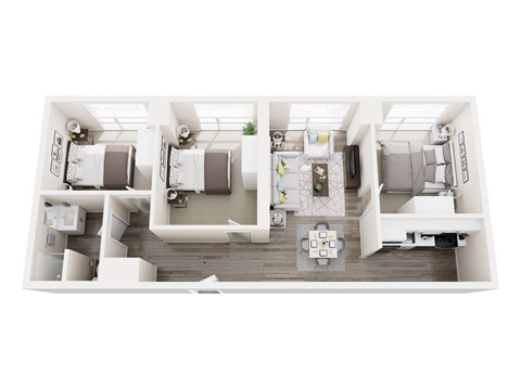 A top-down view of a modern, white-walled apartment with a kitchen, living room, and two bedrooms.